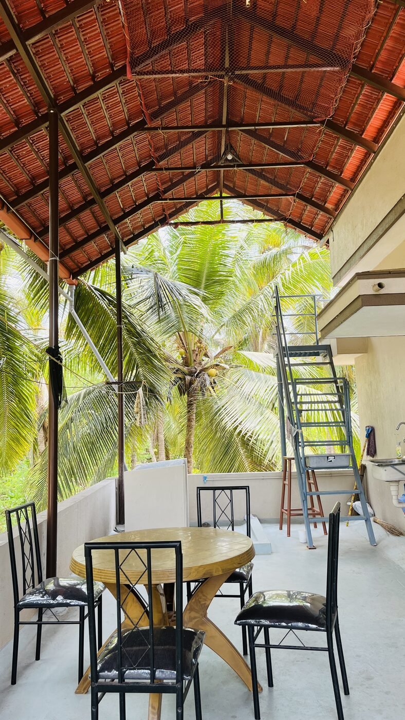 Wood-beamed pergola ceiling with palm view